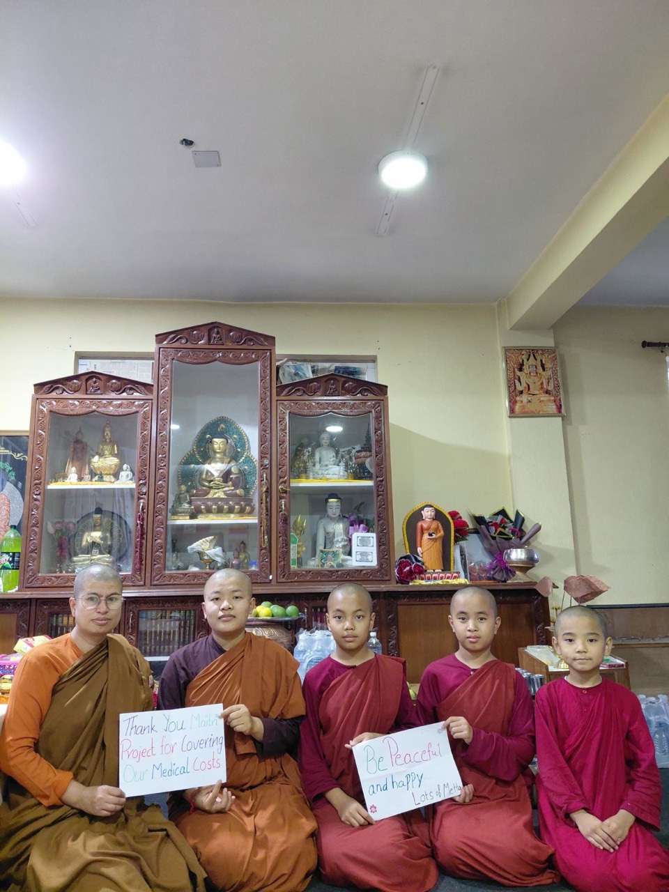 Five monastics sharing gratitude after Maitri medical-cost support