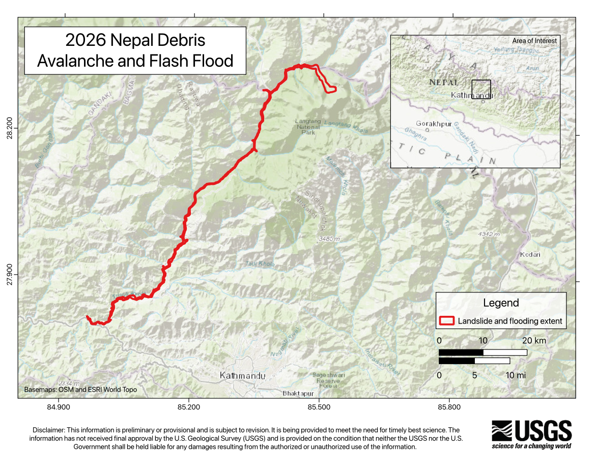 USGS map of the 2026 Nepal debris avalanche and flash flood extent